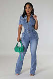 2024 NEW Women Denim Lapel Short Sleeves Buttons Tight Flared Jumpsuit LX-3567