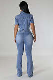 2024 NEW Women Denim Lapel Short Sleeves Buttons Tight Flared Jumpsuit LX-3567