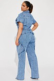 Women's Short Sleeves Turndown Collar Buttons Denim Jumpsuits LX-6201