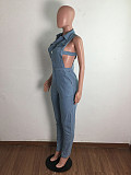 Plus Size Solid Sleeveless Side Hollow Out Button Up Summer Denim Women Jumpsuits LX-6087