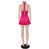 Halter Backless Ruched Ruffle Hem Party Dress ASL-6565