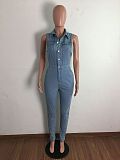 Plus Size Solid Sleeveless Side Hollow Out Button Up Summer Denim Women Jumpsuits LX-6087