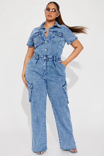 Women's Short Sleeves Turndown Collar Buttons Denim Jumpsuits LX-6201