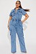 Women's Short Sleeves Turndown Collar Buttons Denim Jumpsuits LX-6201