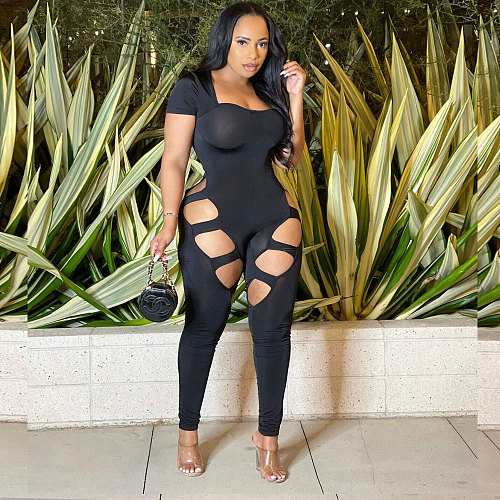 Black Short Sleeve Hollow Out Club Jumpsuits NY-2517