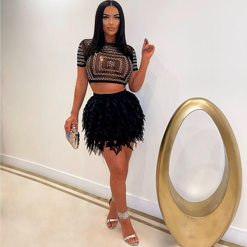 Sexy See-through Hot Drill Crop Top Nightclub Skirt Sets NY-2562