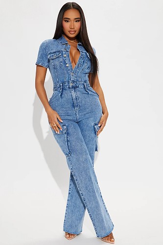 Women's Short Sleeves Turndown Collar Buttons Denim Jumpsuits LX-6201
