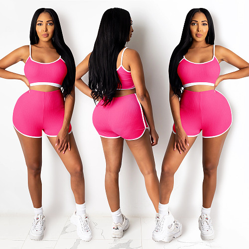 Solid-Color Yoga Short Halter Vest Two-piece Set BY-3635
