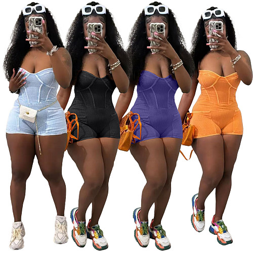 Girls Sexy Strapless Straps Solid Color Bodycon Rompsuit TK-6321