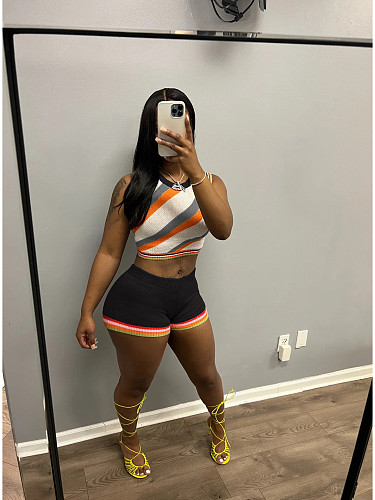 Women Stripes Knitted Vest and High Waist Shorts 2 Pieces Set XT-8168