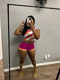 Women Stripes Knitted Vest and High Waist Shorts 2 Pieces Set XT-8168