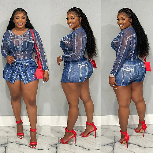 Fashion Women Mesh Long Sleeves Romper And Mini Skirts Plus Size Sets CY-3001