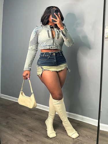 Retro Women Zipper High-waisted Strech Denim Shorts XT-82053