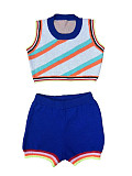 Women Stripes Knitted Vest and High Waist Shorts 2 Pieces Set XT-8168