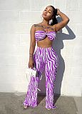 Striped Print Halter Bra Crop Tops Pleated Pants Suit ANDI-1533