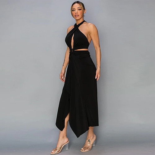 Women Sexy Backless Halter Solid Color Slim Maxi Dresses YF-10717