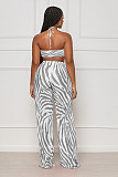 Striped Print Halter Bra Crop Tops Pleated Pants Suit ANDI-1533