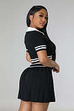 Polo Neck Knitting T-shirts Pleated Skirt Two Piece Sets OSM-4398