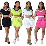 Polo Neck Knitting T-shirts Pleated Skirt Two Piece Sets OSM-4398