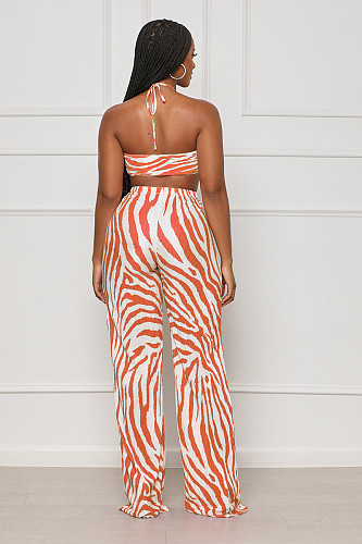 Striped Print Halter Bra Crop Tops Pleated Pants Suit ANDI-1533