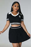 Polo Neck Knitting T-shirts Pleated Skirt Two Piece Sets OSM-4398