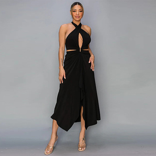 Women Sexy Backless Halter Solid Color Slim Maxi Dresses YF-10717