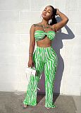 Striped Print Halter Bra Crop Tops Pleated Pants Suit ANDI-1533