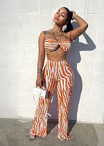 Striped Print Halter Bra Crop Tops Pleated Pants Suit ANDI-1533