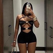 Black Sexy Hollow-out Halter High-waist Romper RS-16836