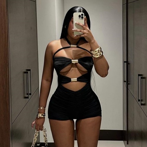 Black Sexy Hollow-out Halter High-waist Romper RS-16836
