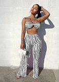 Striped Print Halter Bra Crop Tops Pleated Pants Suit ANDI-1533