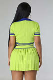 Polo Neck Knitting T-shirts Pleated Skirt Two Piece Sets OSM-4398