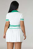 Polo Neck Knitting T-shirts Pleated Skirt Two Piece Sets OSM-4398