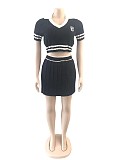 Polo Neck Knitting T-shirts Pleated Skirt Two Piece Sets OSM-4398