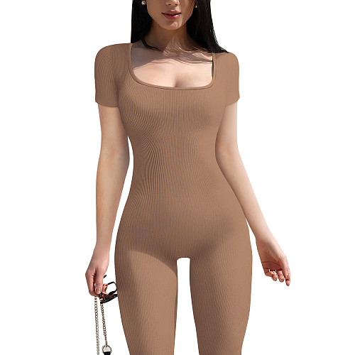 Leisure Women Short Sleeves Square Collar Sporty Jumpsuit HXZY-0370