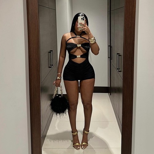 Black Sexy Hollow-out Halter High-waist Romper RS-16836