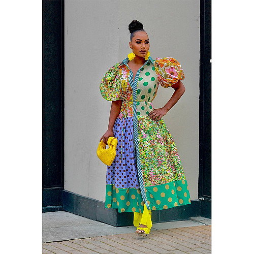 Casual Print Patchwork Turndown Collar Short Sleeve Maxi Dresses GT-9169
