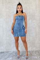 Women Sexy Strapless Buttons Stretch Denim Mini Dress CM-8718
