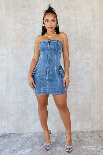 Women Sexy Strapless Buttons Stretch Denim Mini Dress CM-8718