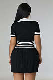 Polo Neck Knitting T-shirts Pleated Skirt Two Piece Sets OSM-4398
