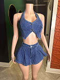 Lady Halter Denim Crop Top Two Pieces Shorts Set YUN-51085