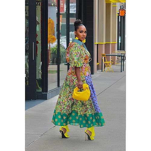 Casual Print Patchwork Turndown Collar Short Sleeve Maxi Dresses GT-9169