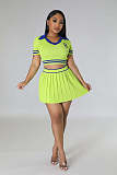 Polo Neck Knitting T-shirts Pleated Skirt Two Piece Sets OSM-4398