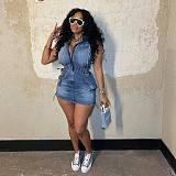 NEW Women Short Sleeves Elastic Waist Drawstring Hip Wrap Stretch Denim Mini Dress CM-8715