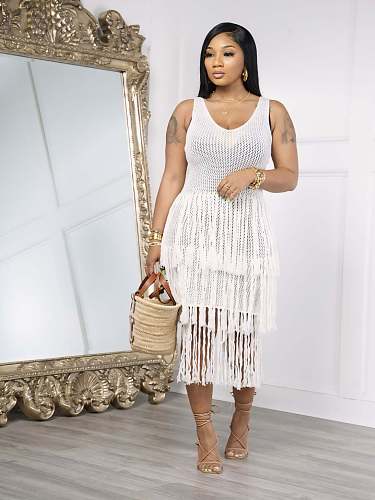 Fashion Knitted Hand Hook Beach Tassel Mesh Smock Long Dress CM-8721