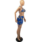 Summer Sexy Pattern Print Backless Halter Deep V Neck Bra Bodycon Mini Skirt Club Party 2 Piece Set FOS-8084