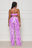Striped Print Halter Bra Crop Tops Pleated Pants Suit ANDI-1533