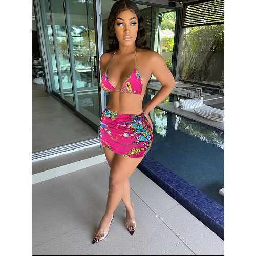Summer Sexy Pattern Print Backless Halter Deep V Neck Bra Bodycon Mini Skirt Club Party 2 Piece Set FOS-8084
