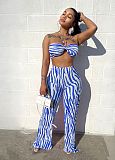 Striped Print Halter Bra Crop Tops Pleated Pants Suit ANDI-1533