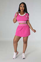 Polo Neck Knitting T-shirts Pleated Skirt Two Piece Sets OSM-4398